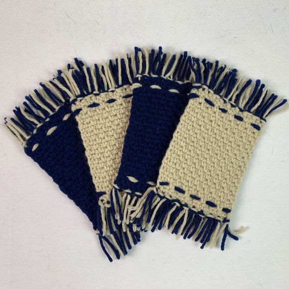 Mug Rugs Coasters Handmade Crochet Navy Blue Beige Fringe Felt Back Set of 4 - Picture 4 of 10